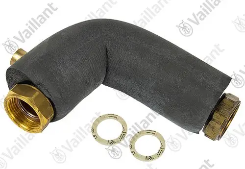 Vaillant Rohr in gebogener Form mit zwei Messinganschlüssen und zwei Beilagenringen, zur Verwendung in Heizungs- oder Pumpensystemen.